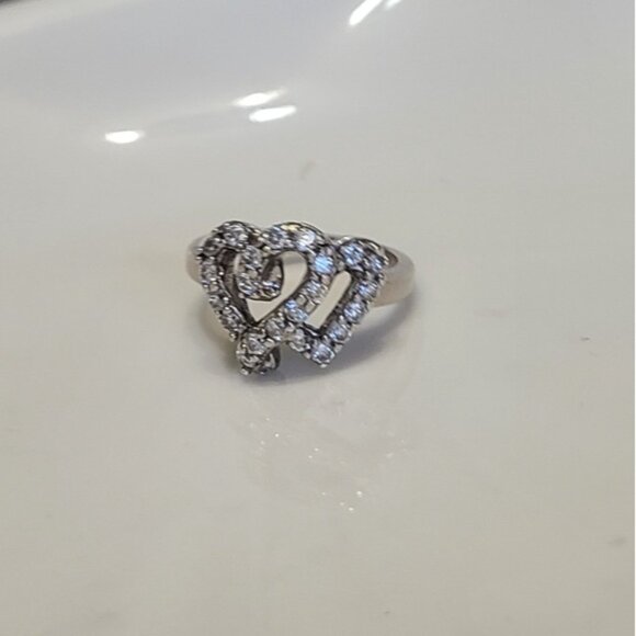 Vintage Sterling Silver Crystal Double Heart Ring 6.25 - Picture 6 of 13